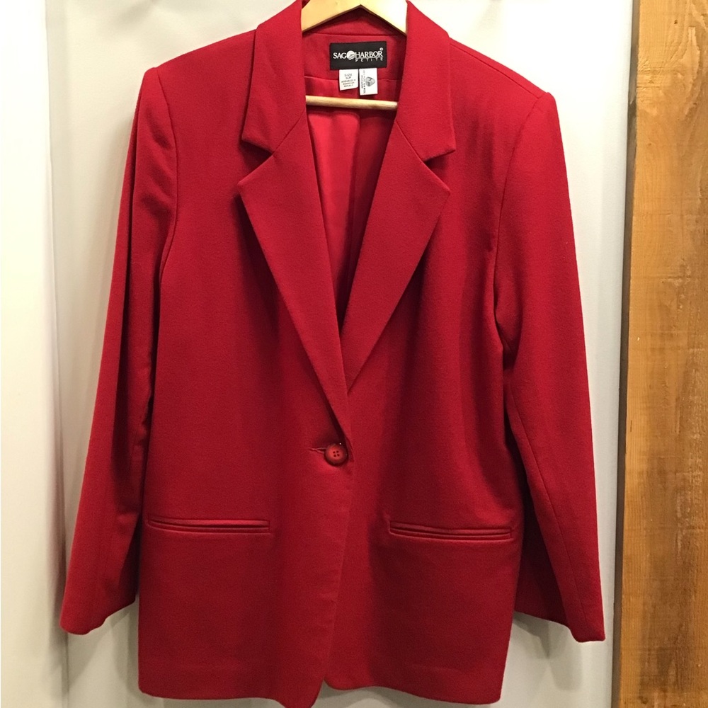 Sag Harbor Womens Wool Blazer Size 14P Single Breasted Shoulder Pads Red Jacket - Picture 8 of 15